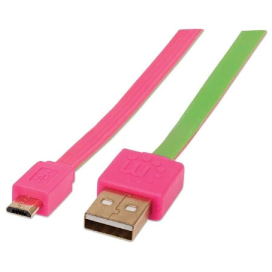 Cable USB plano, A Macho a Micro-B Macho, 1.8m, Rosa/Verde